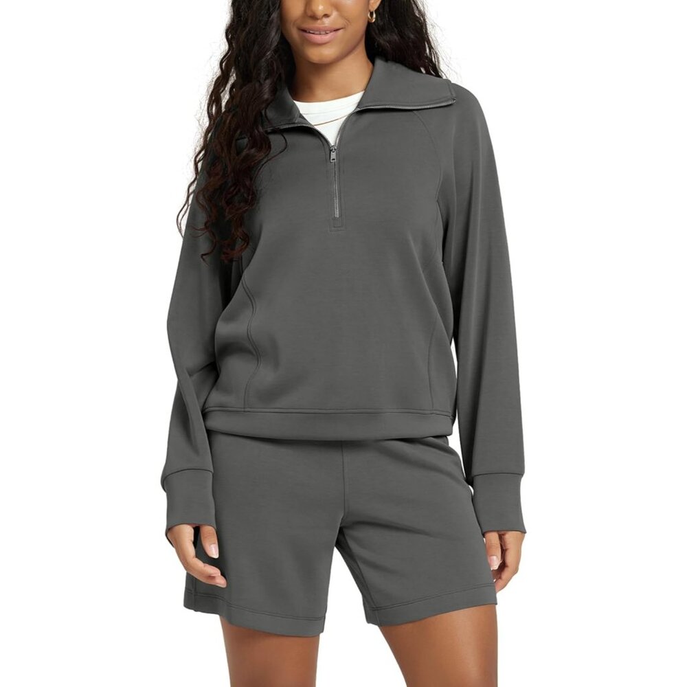 Women's Charcoal Pullover Soft Half-Zip Sweatshirts for Long Sleeve Relaxed Fit